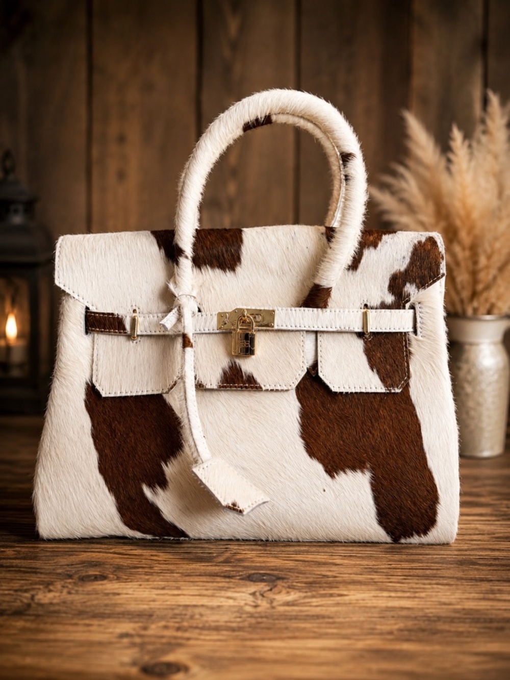 Genuine Brown & White Cowhide Handbag | Gold Hardware - Picture 2 of 6
